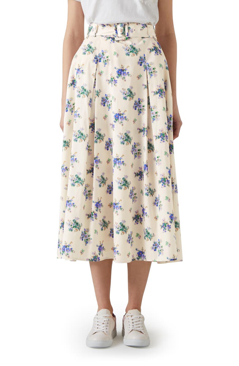 LK Bennett Elodie Floral Belted Organic Cotton Midi Skirt, Main, color, 