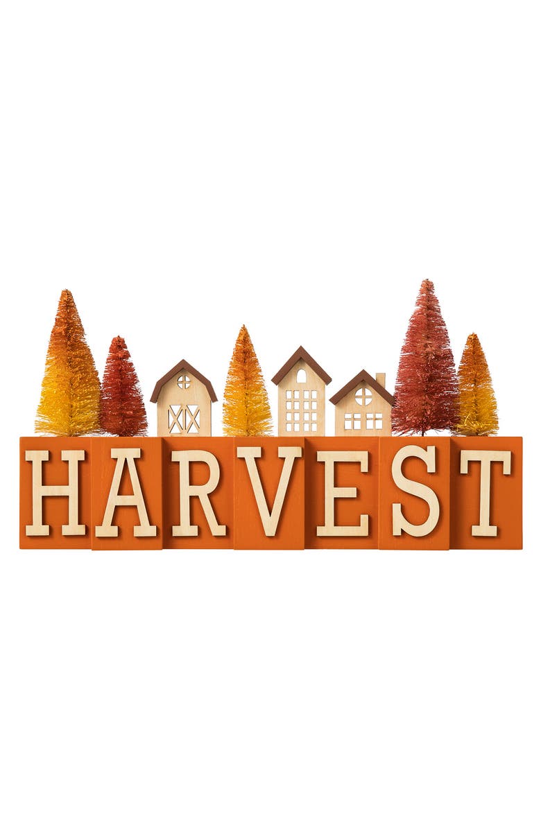Glitzhome Harvest Fall Wooden House/Brush Trees Table Decor, Main, color, Orange