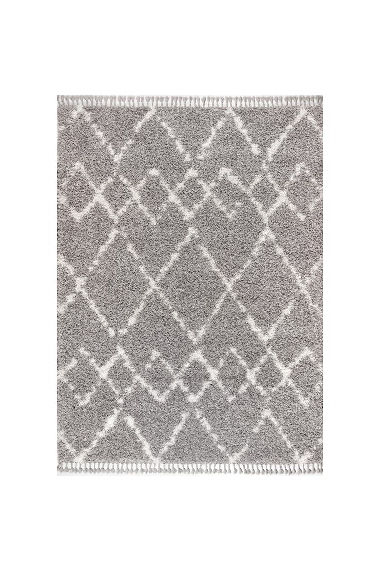 Mercer Shag Plush Tassel Moroccan  Geometric Trellis Area Rug, Main, color, Gray/Ivory