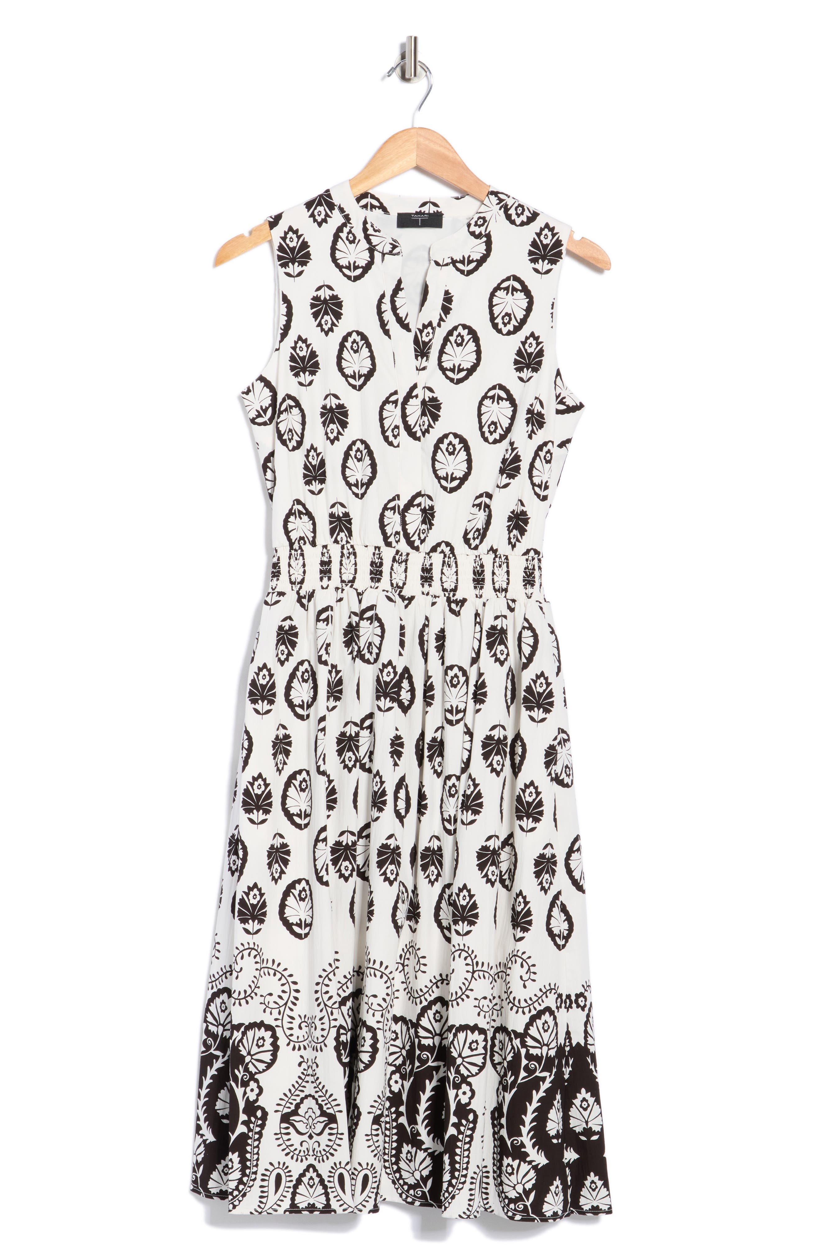 T Tahari Split Neck Medallion Print Midi Dress