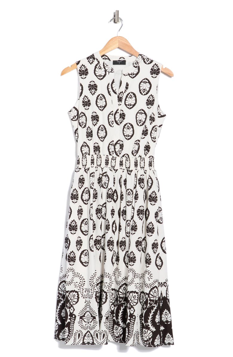 T Tahari Split Neck Medallion Print Midi Dress, Main, color, Medallion Placed Print