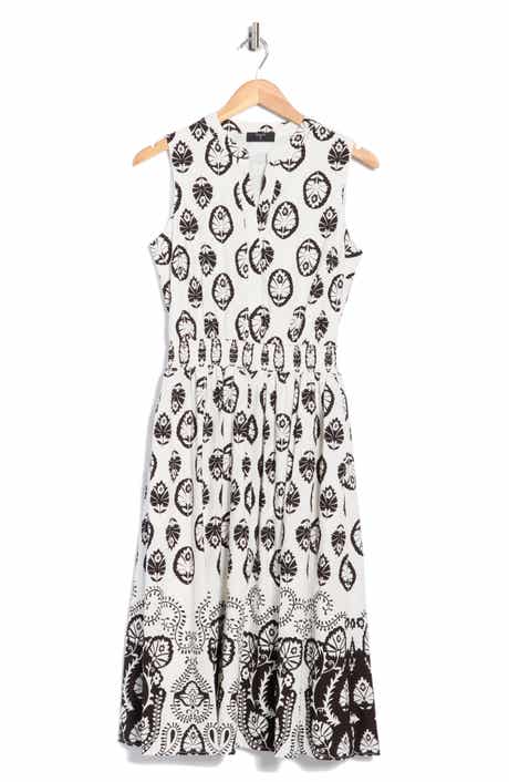 T Tahari Split Neck Medallion Print Midi Dress
