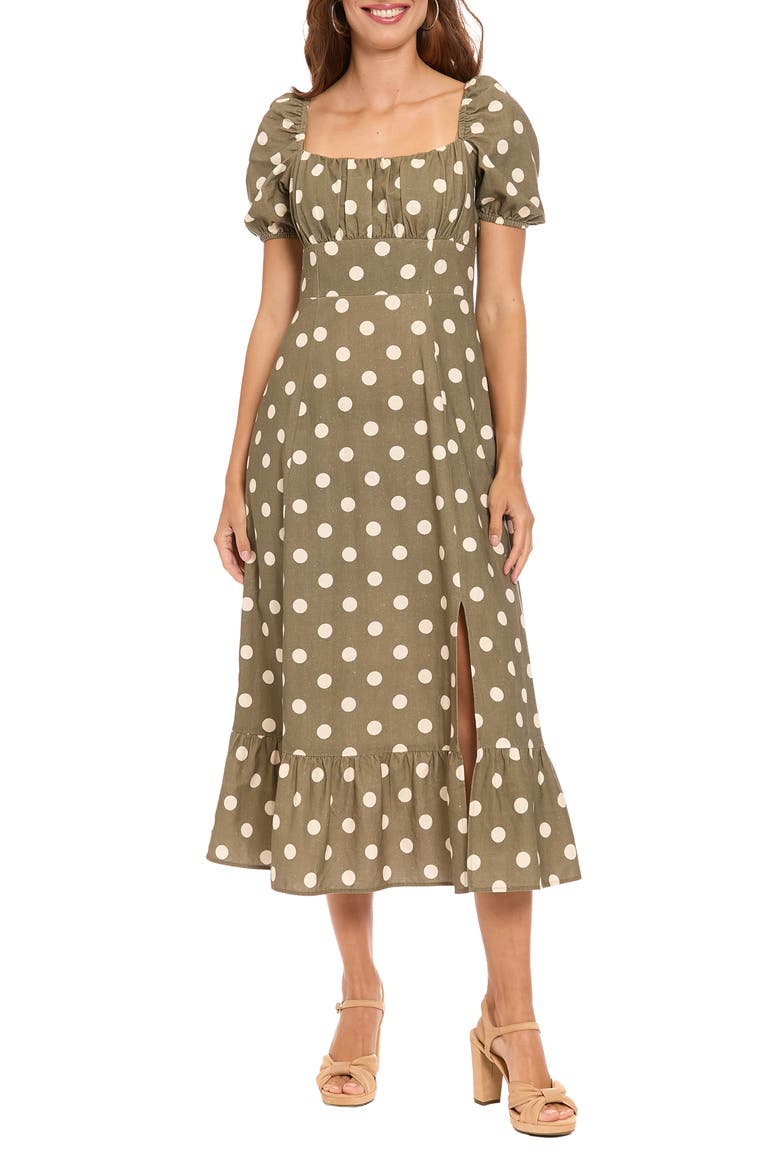 Puff Sleeve Square Neck Empire Dress, Main, color, CAPULET OLIVE/ BEIGE