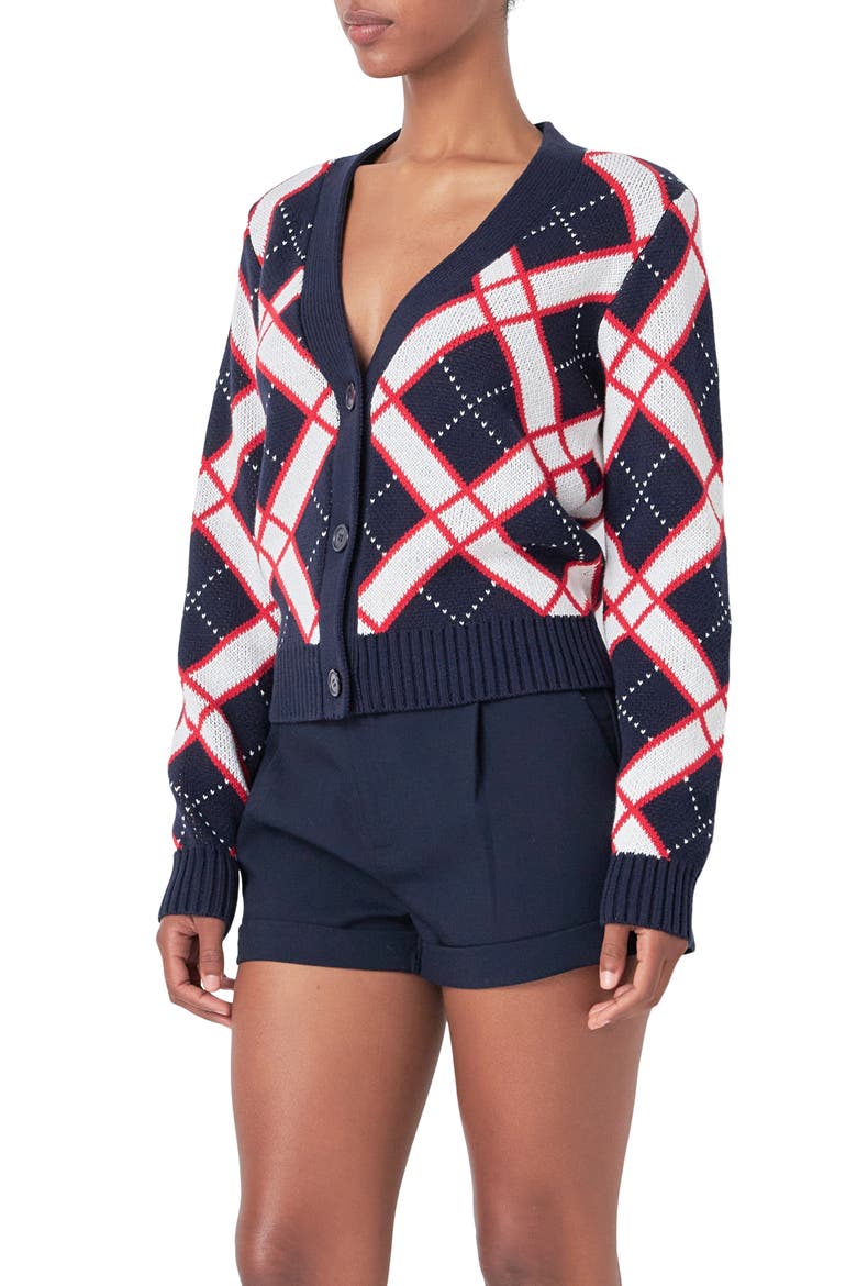 Diamond Pattern V-Neck Cardigan, Alternate, color, NAVY MULTI