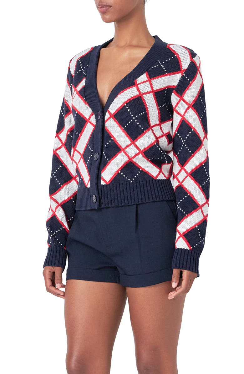 Endless Rose Diamond Pattern V-Neck Cardigan, Alternate, color, Navy Multi