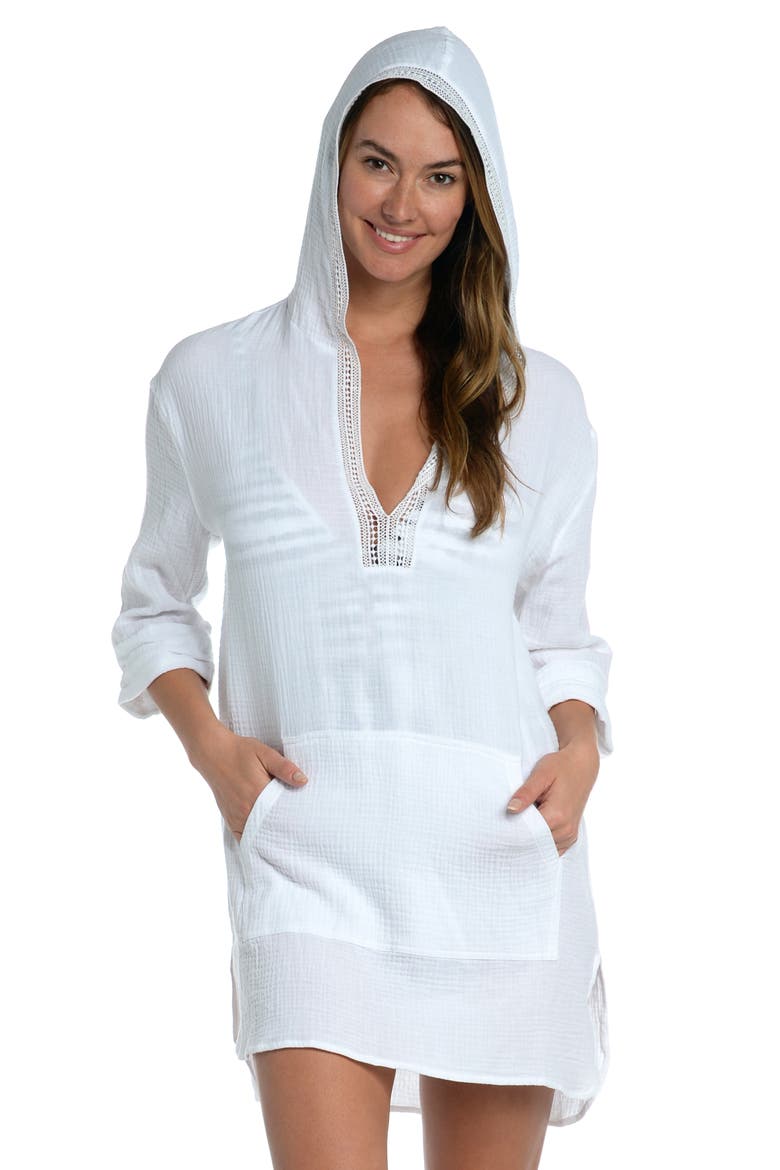 Hooded Cotton Gauze Cover-Up Tunic, Alternate, color, WHITE
