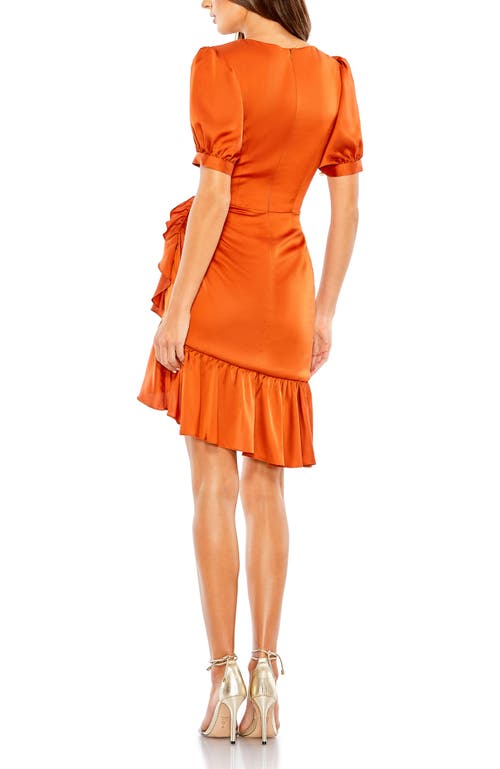 Mac Duggal Short Puff Sleeve Faux Wrap Mini Dress In Burnt Orange