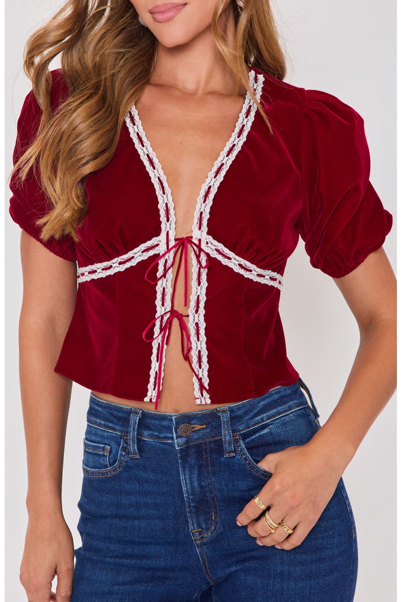Pretty Please Velvet Tie Front Top, Main, color, BURGUNDY