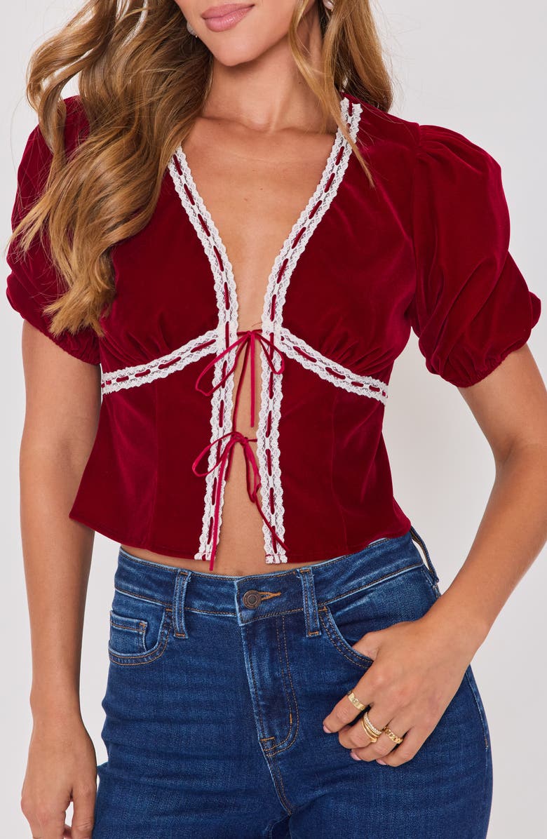 VICI Collection Pretty Please Velvet Tie Front Top, Main, color, Burgundy