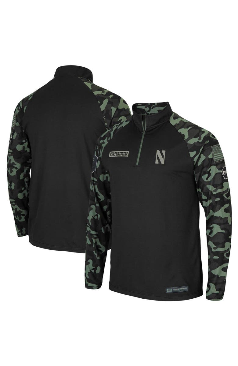 COLOSSEUM Men's Colosseum Black Northwestern Wildcats OHT Military Appreciation Take Flight Raglan Quarter-Zip Jacket, Main, color, 