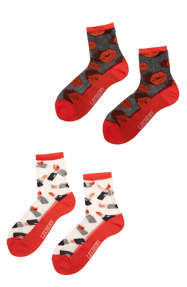 LECHERY<sup>®</sup> 2-Pack Lipsticks & Lips Sheer Crew Socks, Main, color,