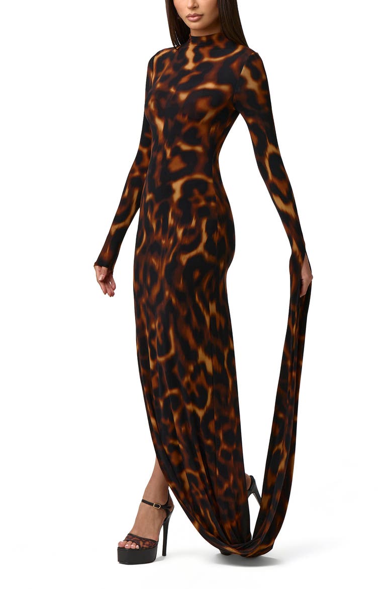 Draped Long Sleeve Maxi Dress, Alternate, color, TORTOISE