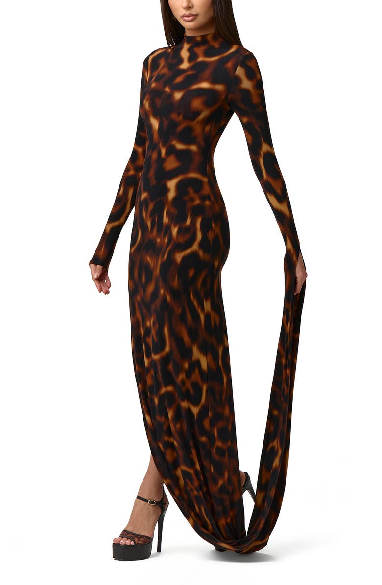 Naked Wardrobe Draped Long Sleeve Maxi Dress, Alternate, color, Tortoise