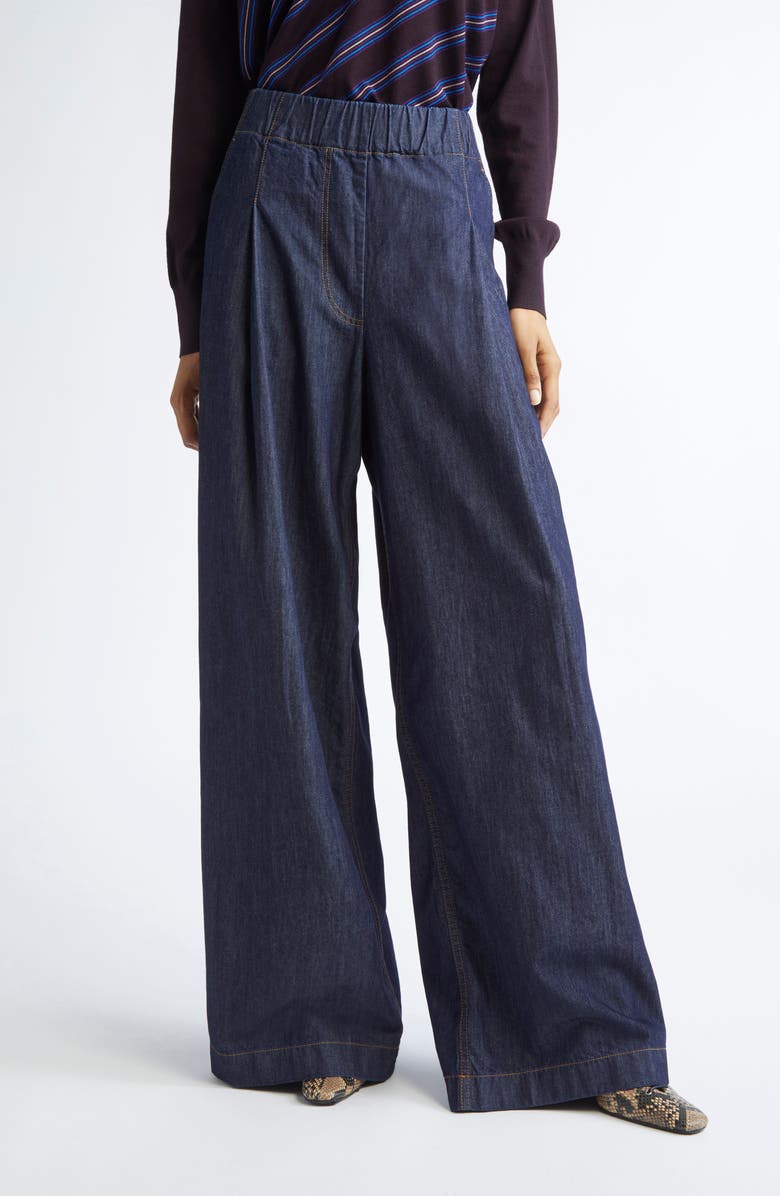 Dries Van Noten Pila Pleated Wide Leg Denim Pants, Main, color, Indigo
