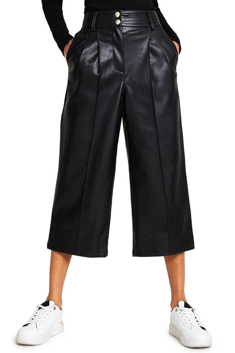 Pleat Front Faux Leather Culotte Pants, Main, color, BLACK