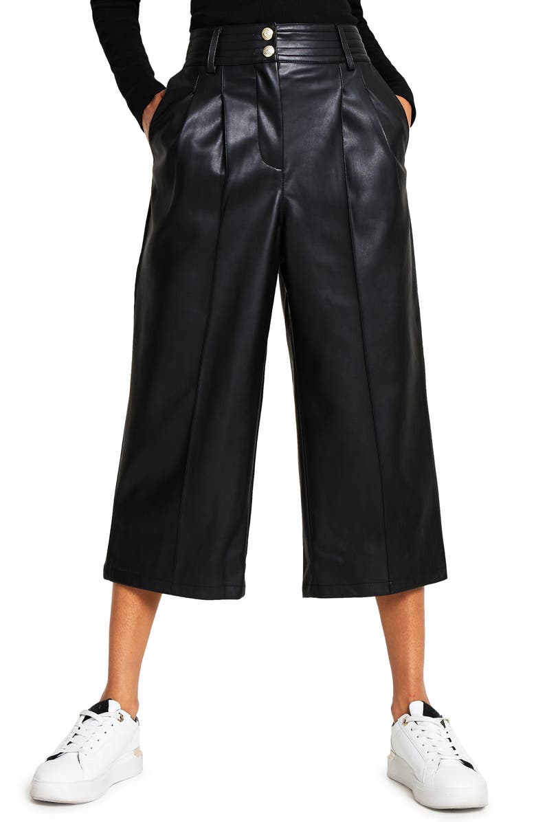 River Island Pleat Front Faux Leather Culotte Pants, Main, color,