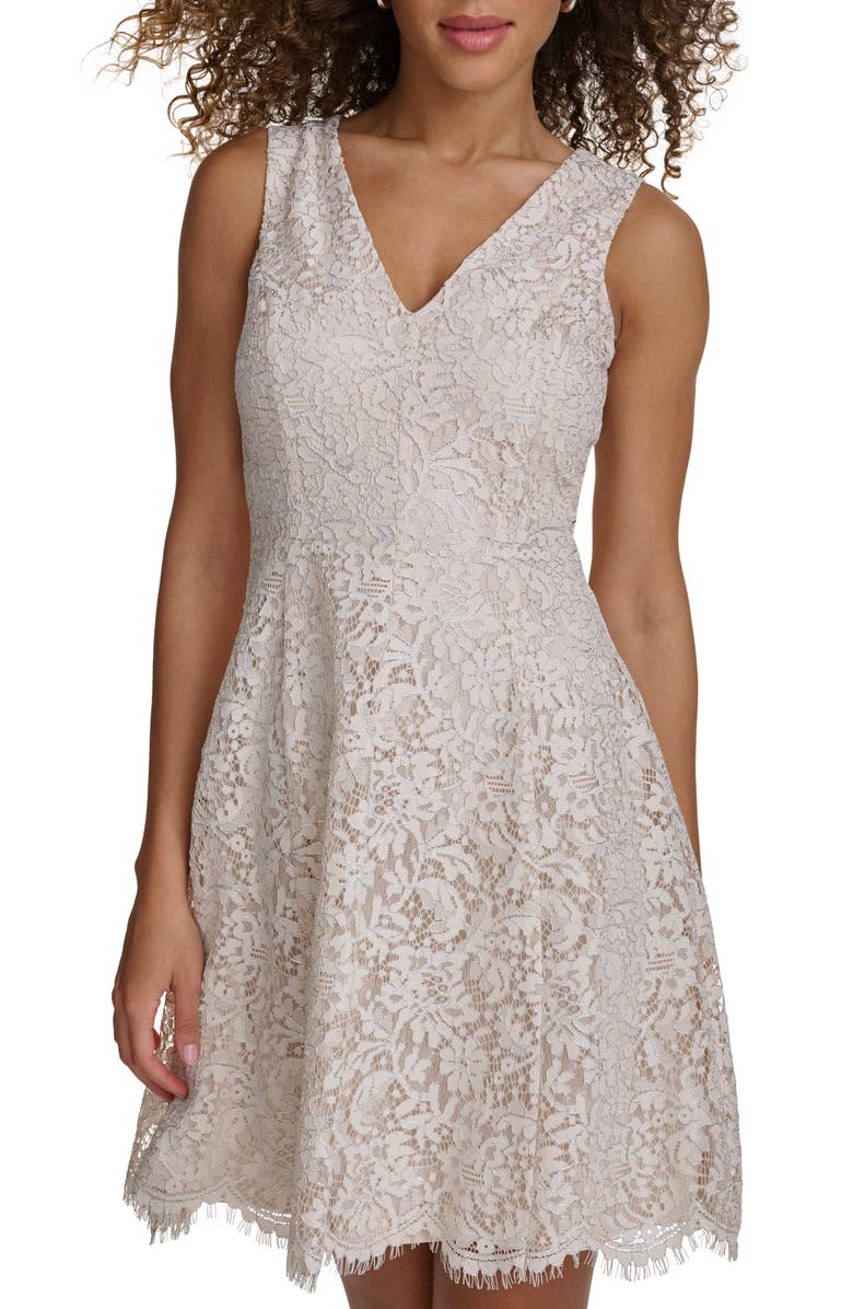 Kensie Metallic Lace Fit & Flare Dress, Alternate, color, Pearl / Silver