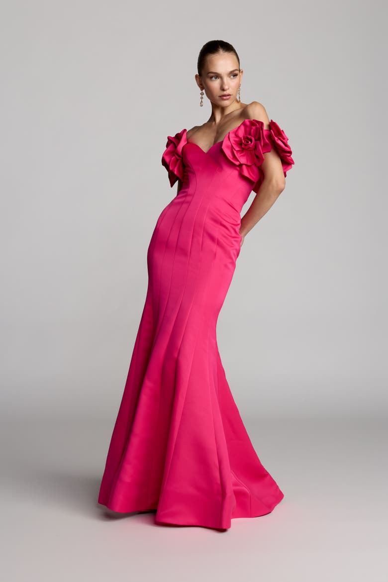 Satin Off The Shoulder Floral Detail Trumpet Gown, Alternate, color, Hot Pink