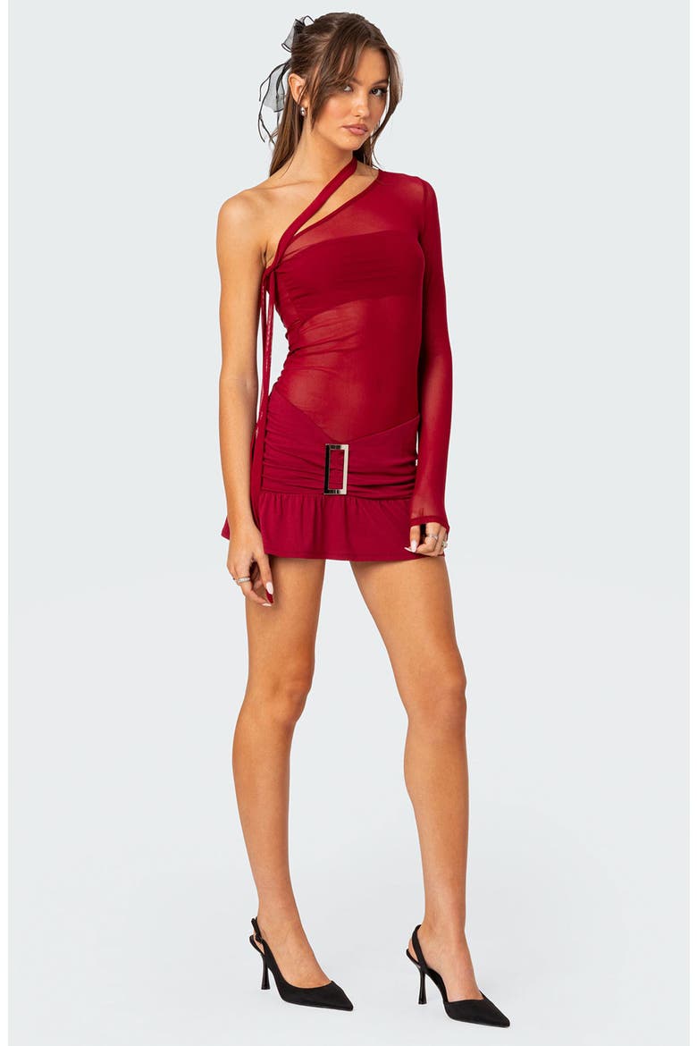 One-Shoulder Sheer Mesh Minidress, Alternate, color, RED