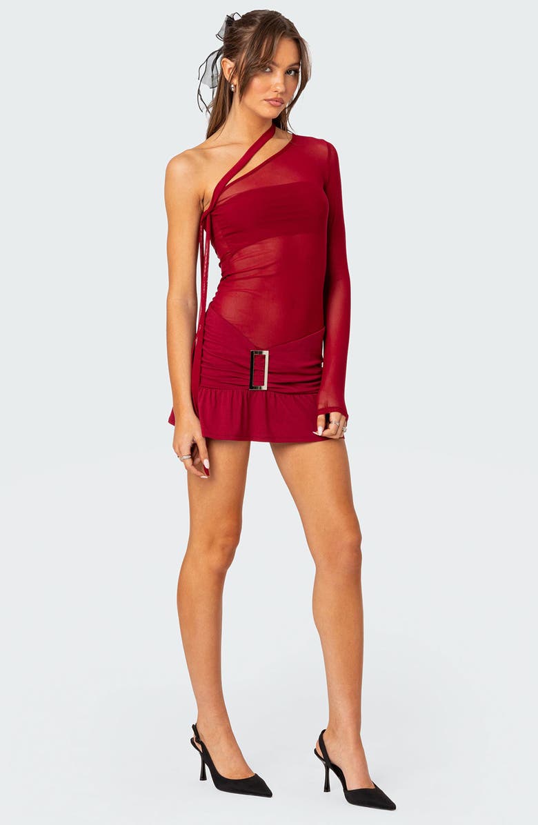 EDIKTED One-Shoulder Sheer Mesh Minidress, Alternate, color, Red