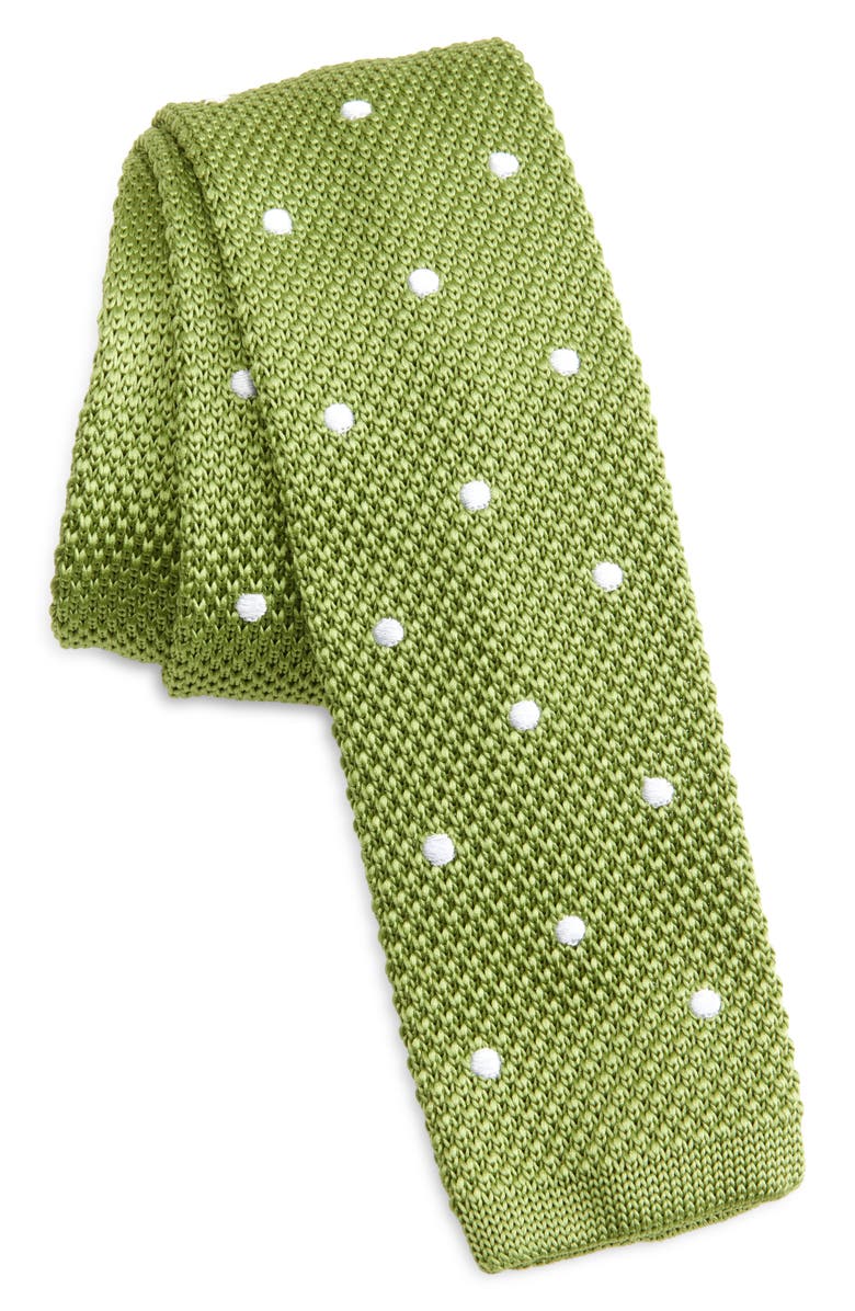 CLIFTON WILSON Moss Green Polka Dot Knit Silk Tie, Main, color, Mossgreen