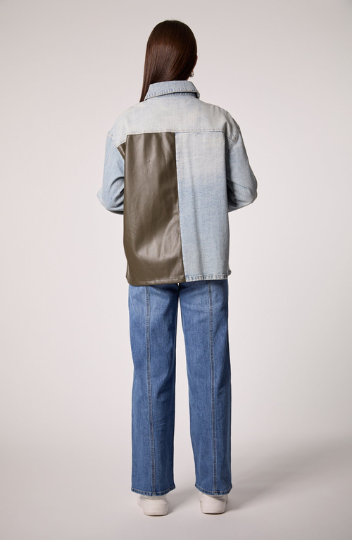 Blue Revival Vegan Leather & Denim Boyfriend Shacket In Multi
