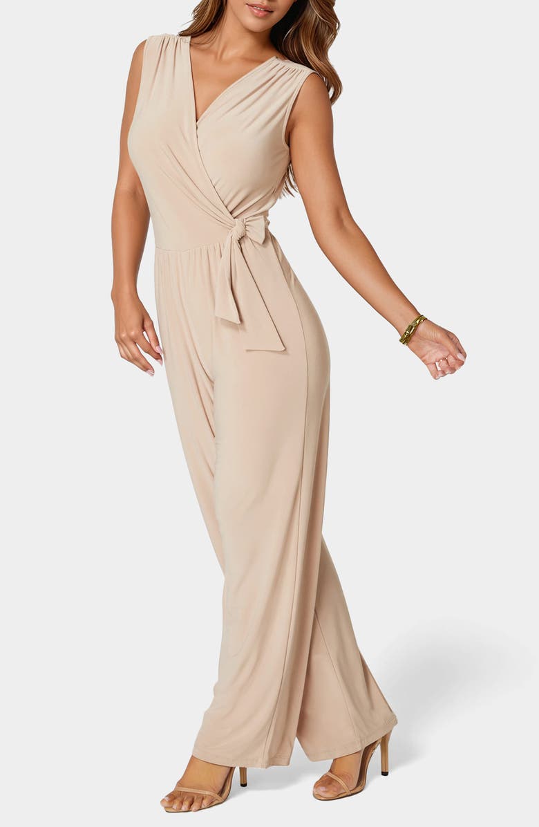 bebe Sleeveless Faux Wrap Jumpsuit, Alternate, color, Mocha