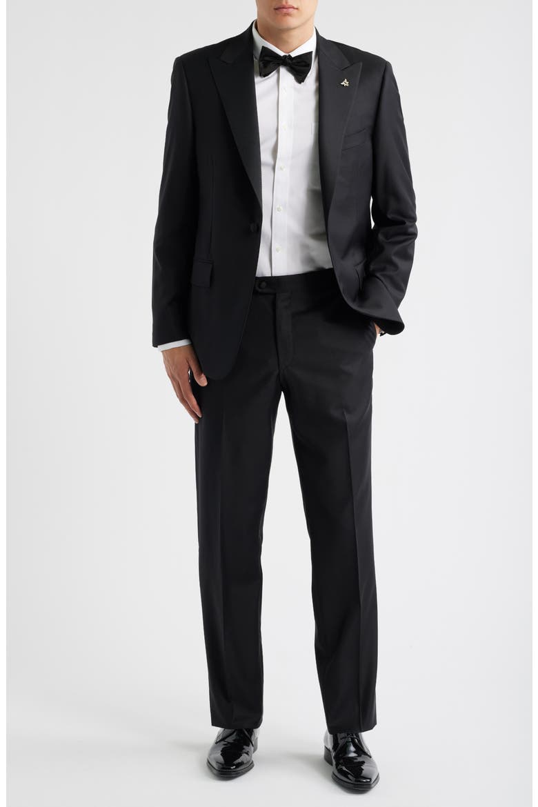 Regular Fit Peaked Lapel Black Wool Tuxedo, Main, color, BLACK
