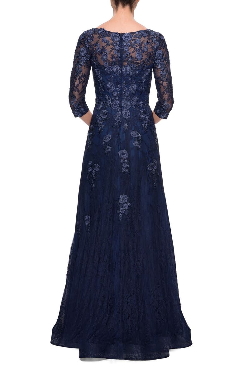 La Femme Three Quarter Sleeve A-line Dress with Lace and Beads, Alternate, color, Navy