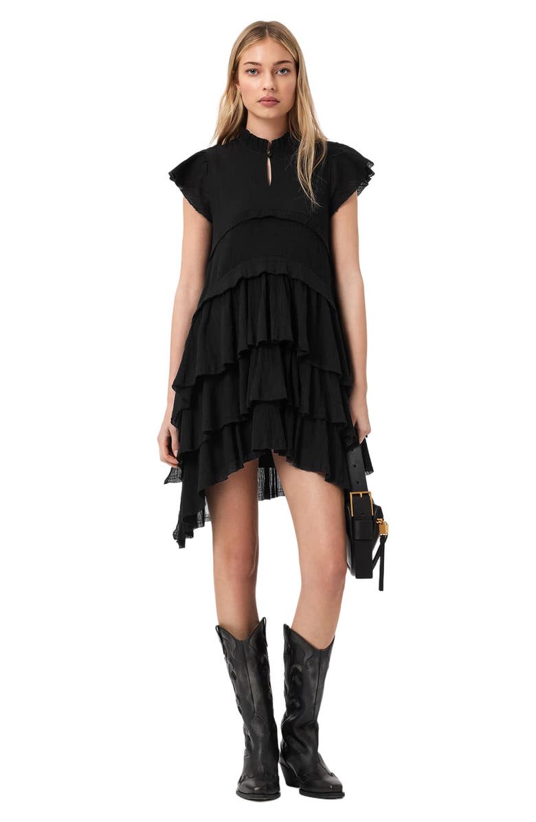 AllSaints Cavalry Layered Ruffle High-Low Dress, Alternate, color, Black