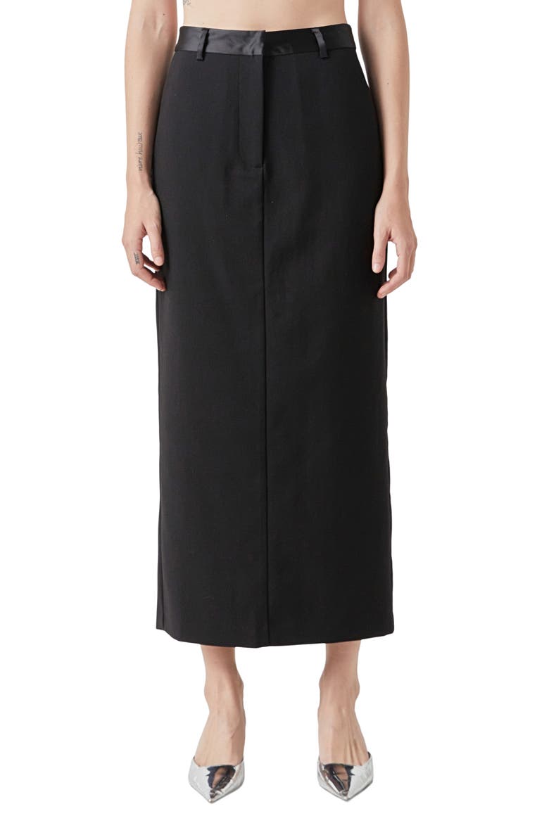 High Waist Satin Trim Maxi Skirt, Main, color, BLACK