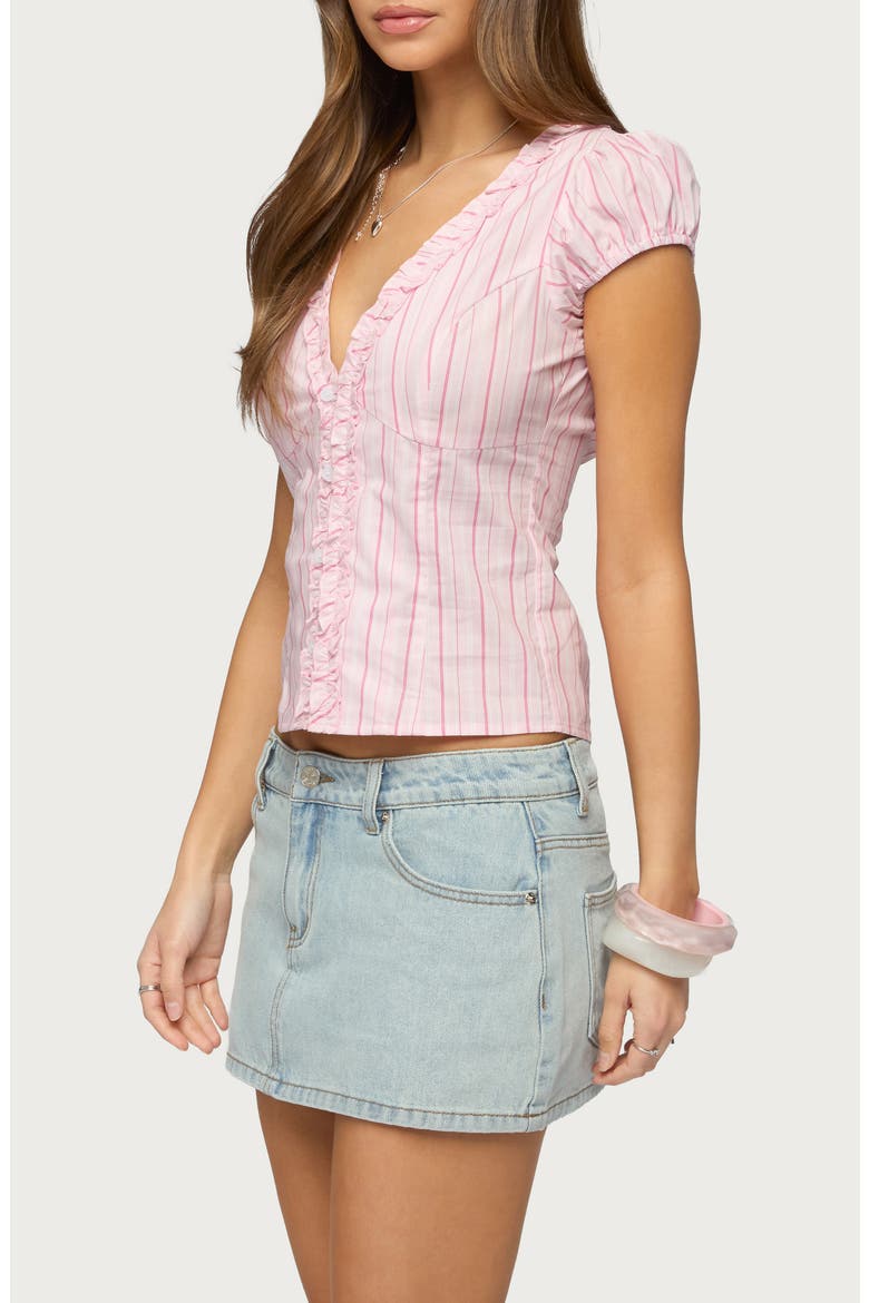 Georgia Ruffle Stripe Cotton Button-Up Shirt, Alternate, color, PINK