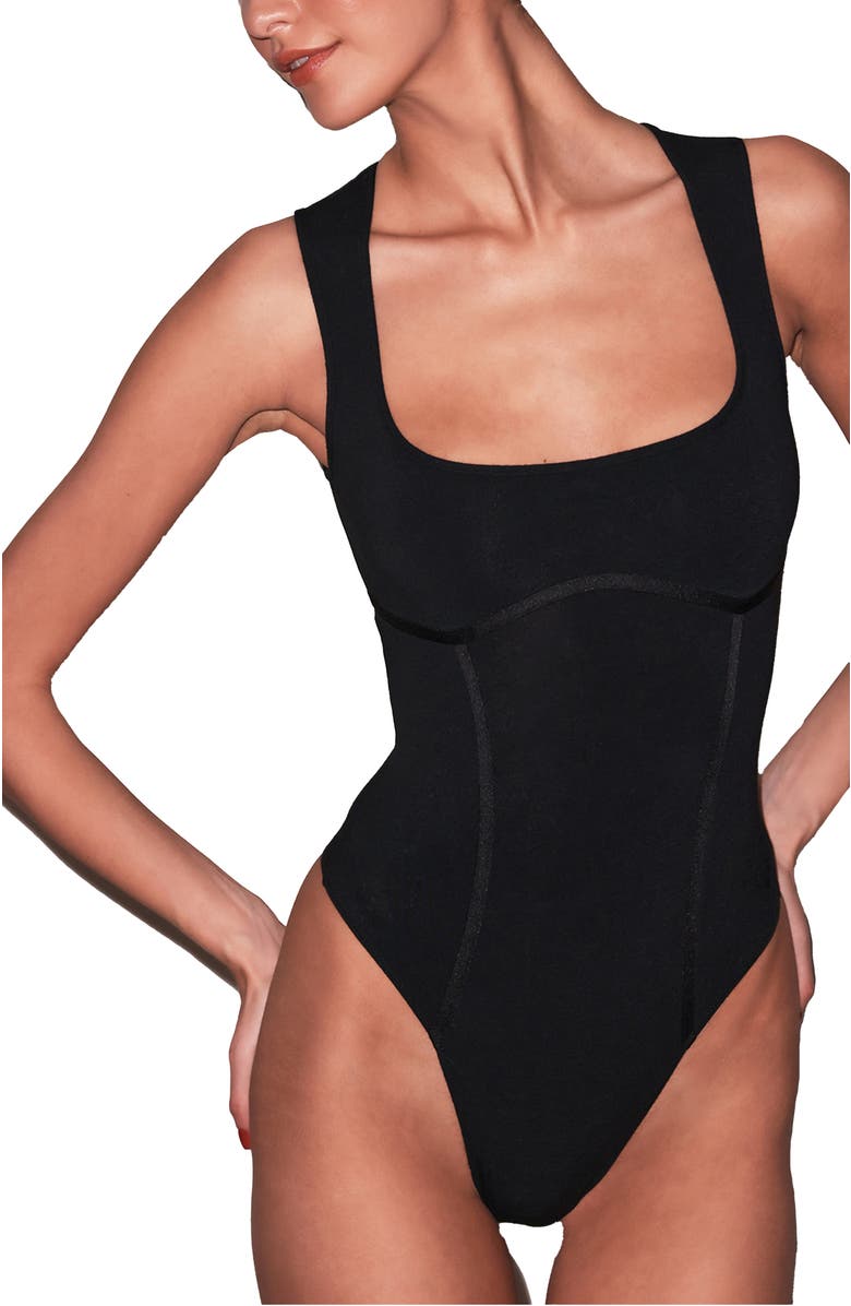 Fleur Du Mal Organic Cotton Tank Bodysuit, Main, color, Black