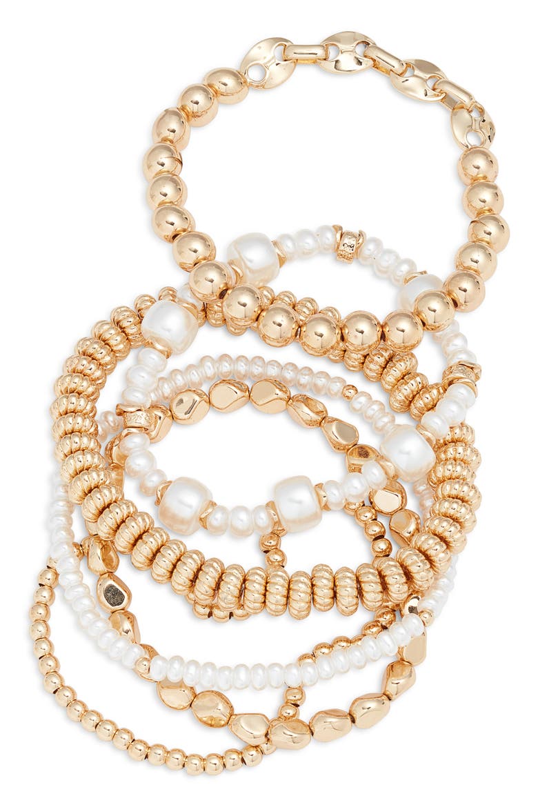 Set of 6 Goldtone Stretch Bracelets, Main, color, WHITE- GOLD