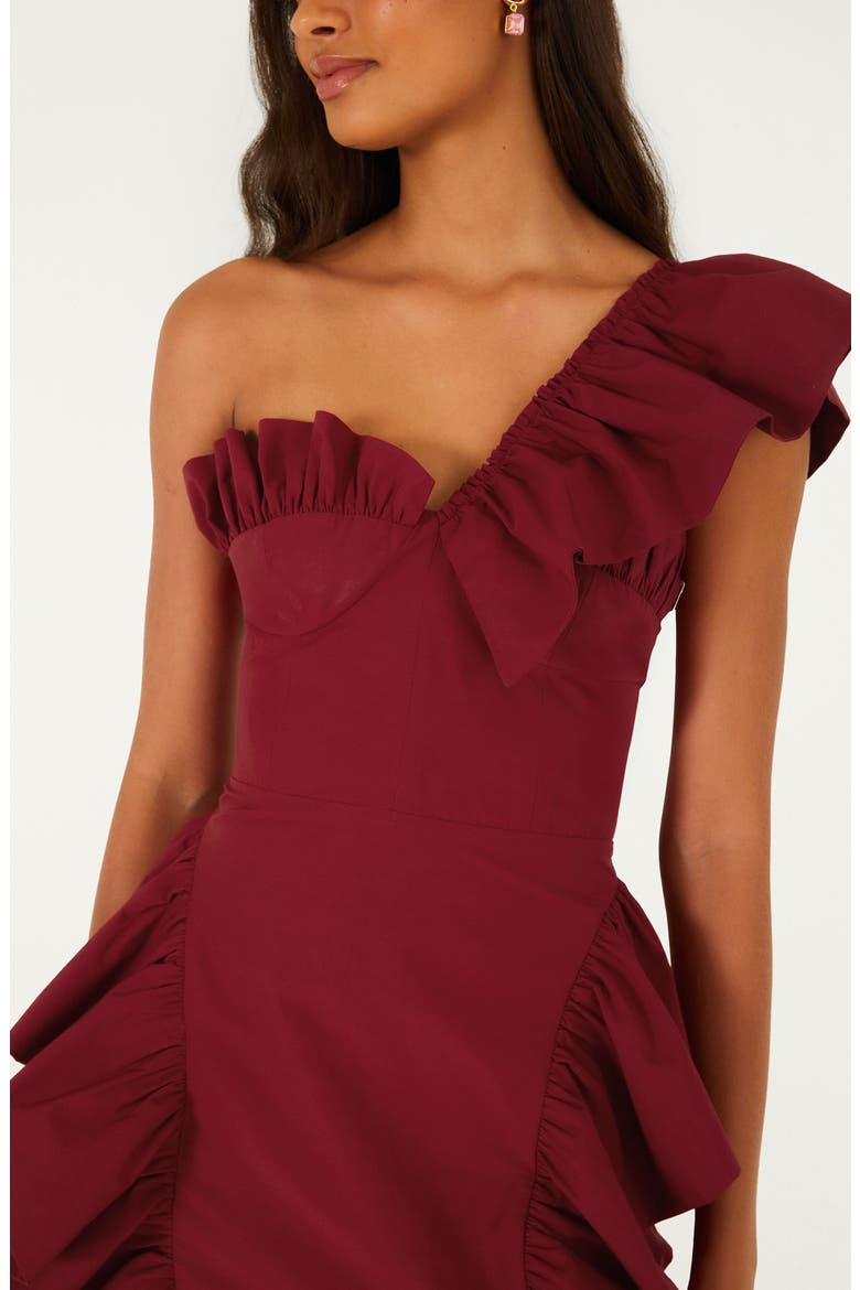 Ruffled One-Shoulder Minidress, Alternate, color, DARK RED