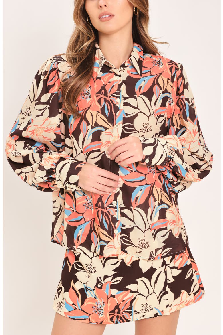 Floral Button Front Shirt, Alternate, color, DARK BROWN