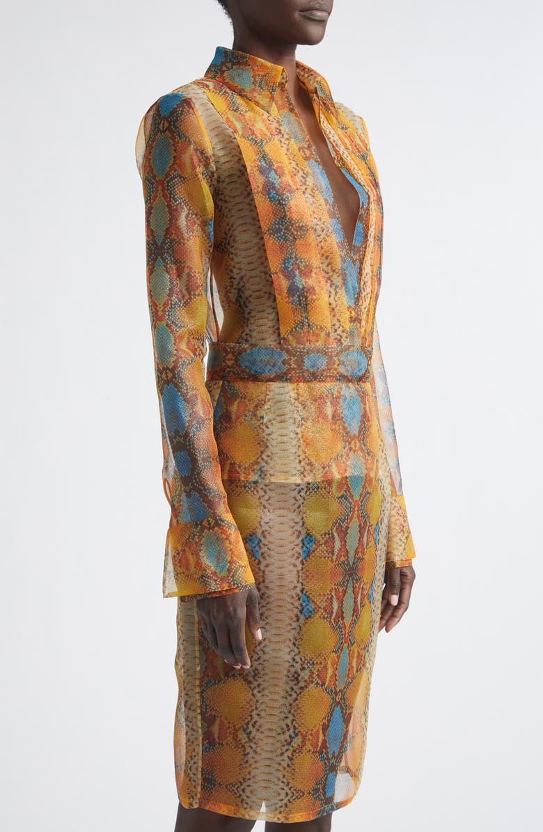 LaQuan Smith Shimmer Snakeskin Print Pleated Double Cuff Button-Up Shirt, Alternate, color, Snake