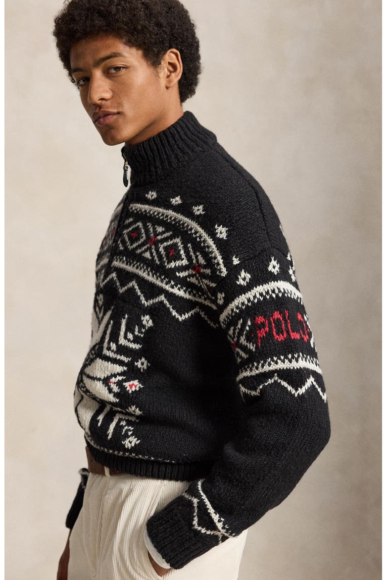 Snowflake Wool Quarter Zip Sweater, Alternate, color, BLACK