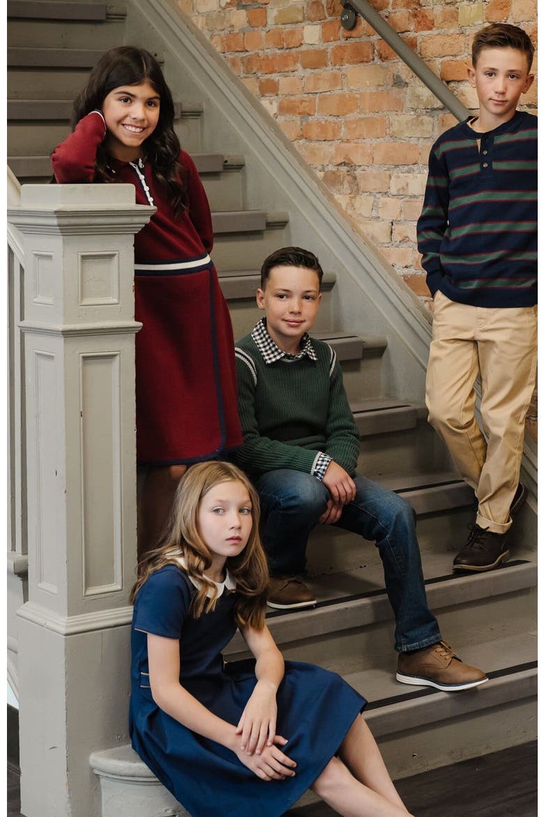 Boys' Organic Sweater Henley with Elbow Patches, Kids, Alternate, color, Navy Collegiate Green Stripe