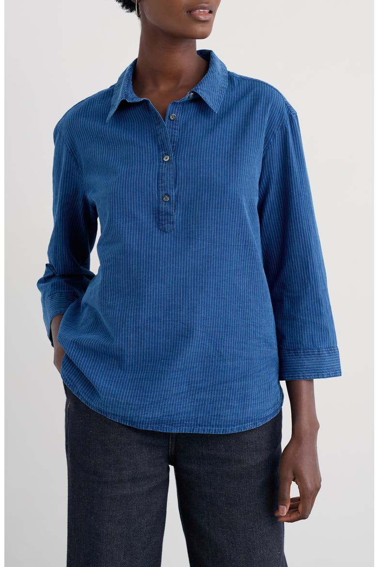 St Keverne Organic Cotton Half Placket Shirt, Main, color, MID INDIGO STRIPE