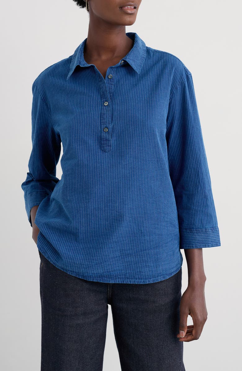 Seasalt Cornwall St Keverne Organic Cotton Half Placket Shirt, Main, color, Mid Indigo Stripe