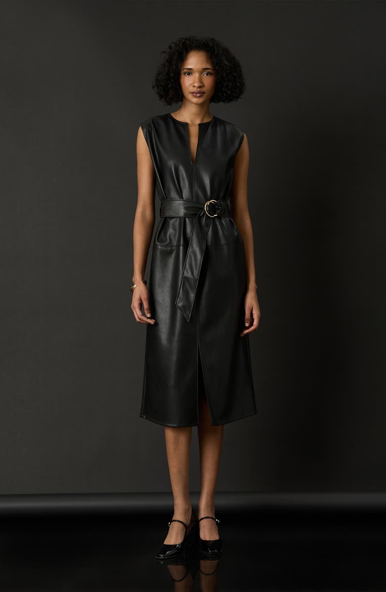 Luxely Faux Leather Belted Midi Dress, Alternate, color, Black