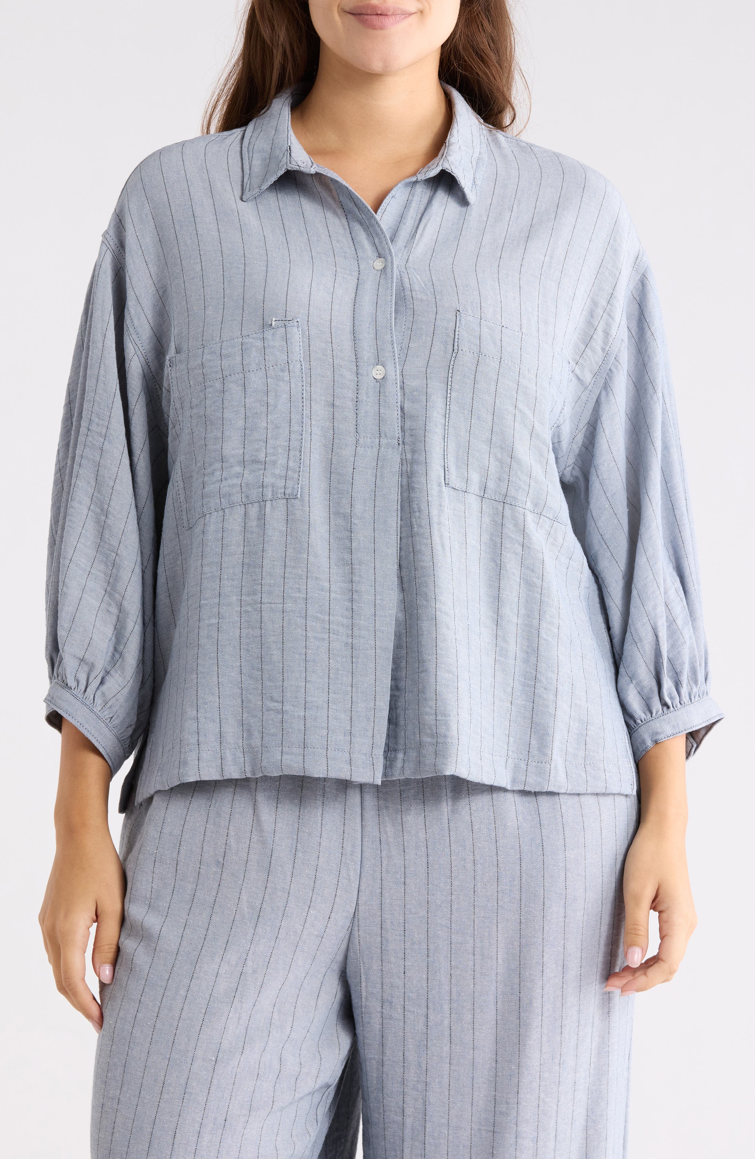 MAX STUDIO Stripe Balloon Sleeve Popover Shirt