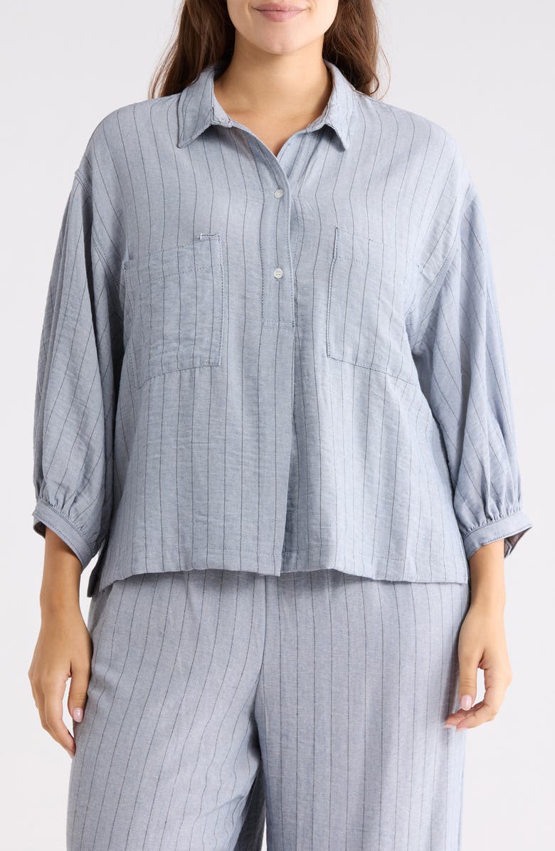 MAX STUDIO Stripe Balloon Sleeve Popover Shirt, Main, color, Denim/ Black Stripe