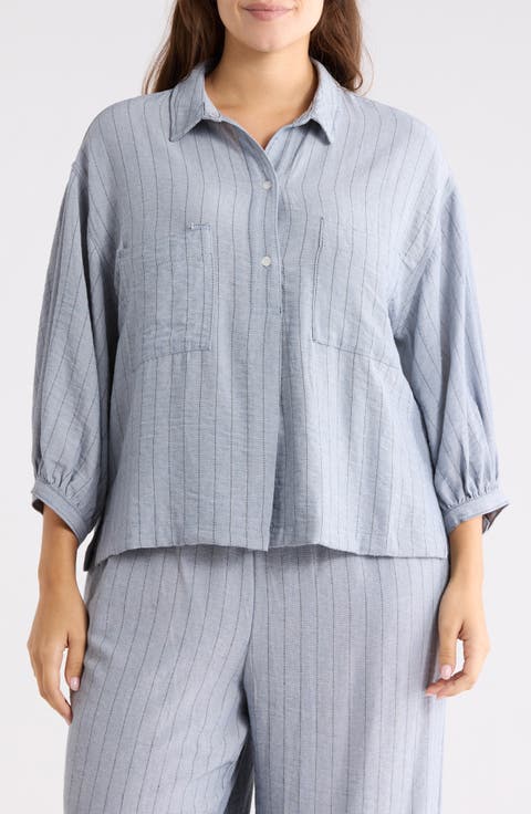 Stripe Balloon Sleeve Popover Shirt (Plus)
