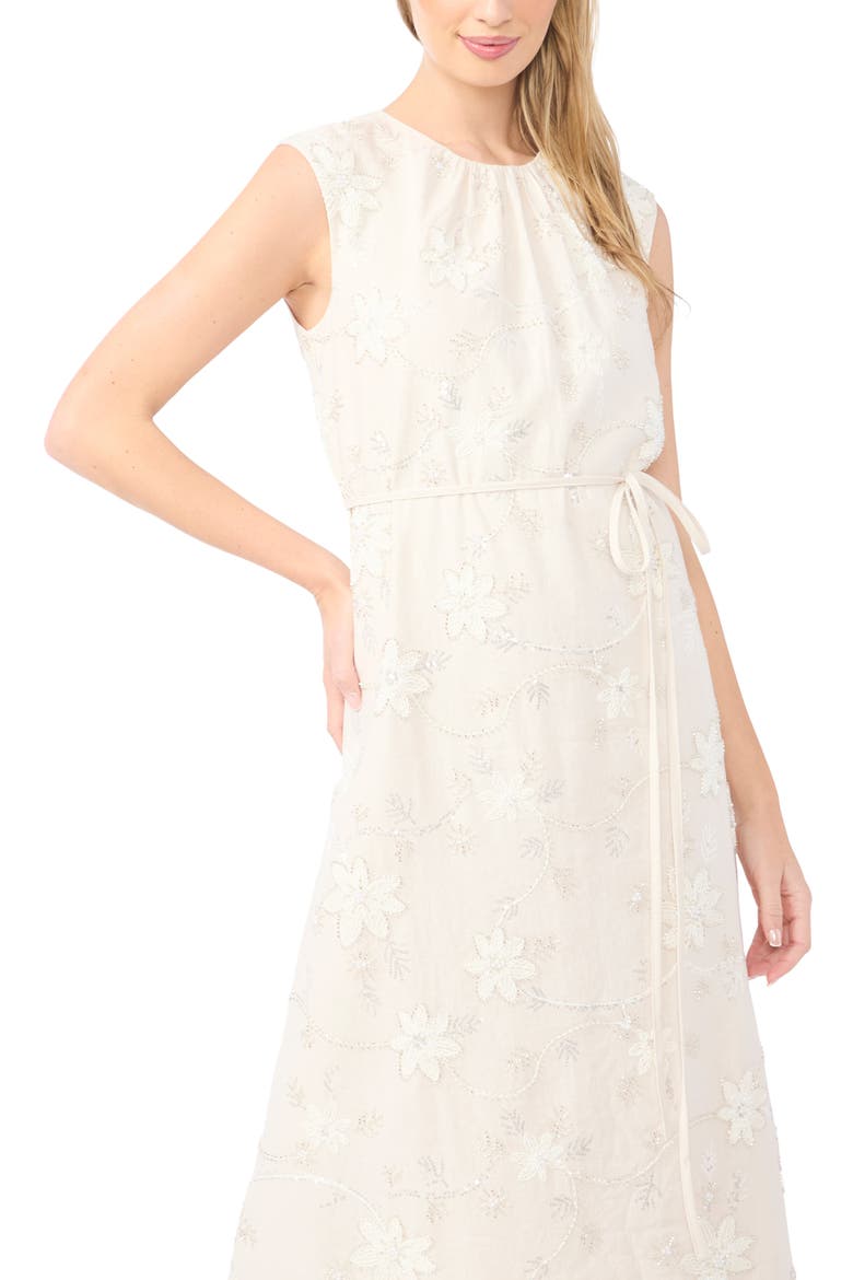 Parker Beaded Floral Embroidered Sleeveless Linen Blend Dress, Alternate, color, NEW IVORY