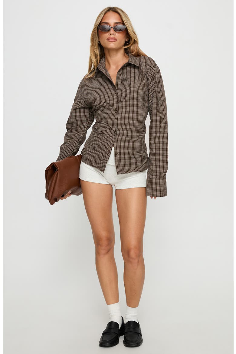 Xinia Check Button-Up Back Tie Blouse, Alternate, color, BROWN CHECK