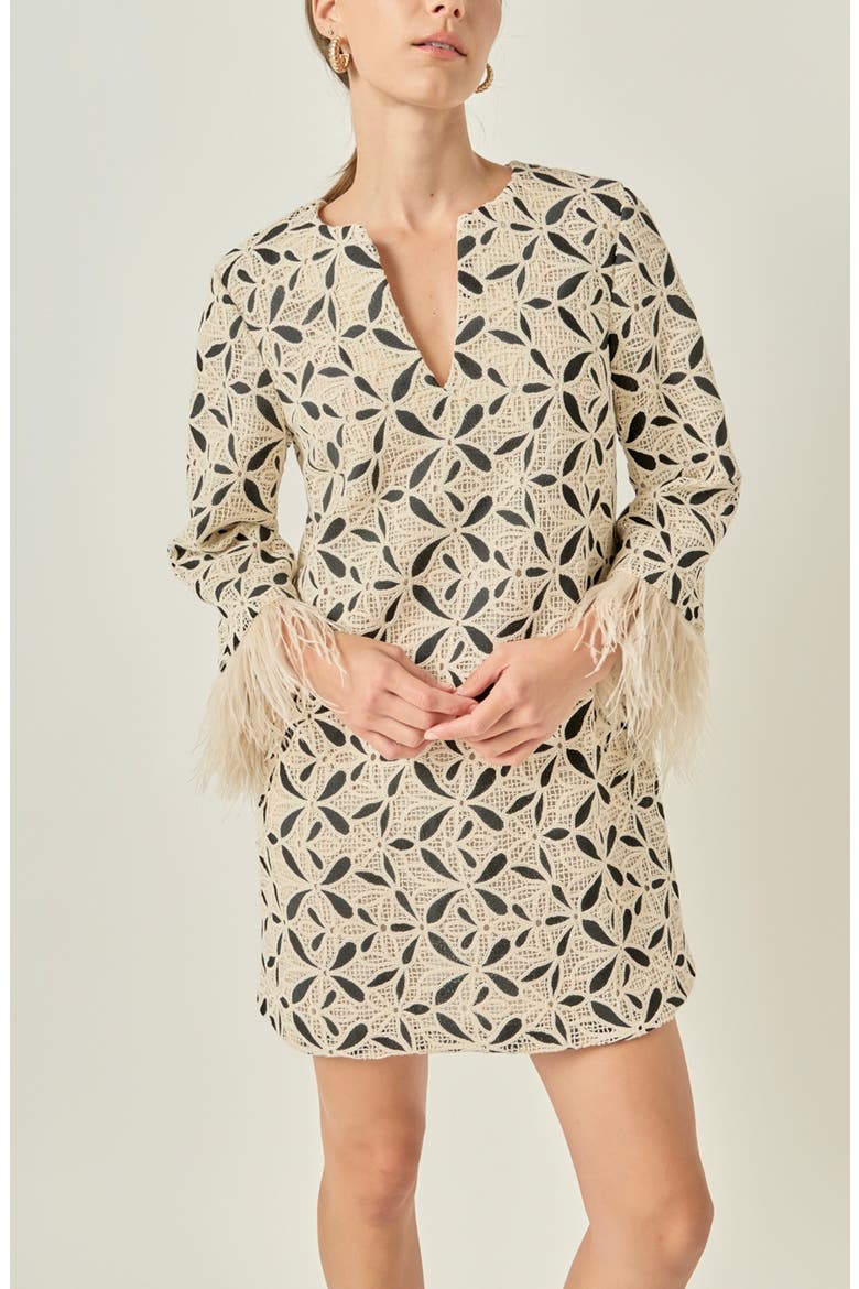 Crochet Minidress with Feather Cuffs, Alternate, color, CREAM/ BLACK