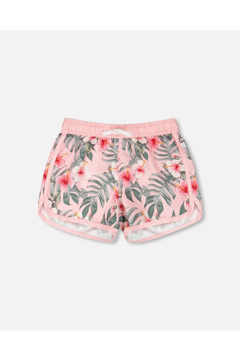 Elastic Waist Drawstring Hibiscus Swim Shorts, Main, color, Pink Hibiscus Print
