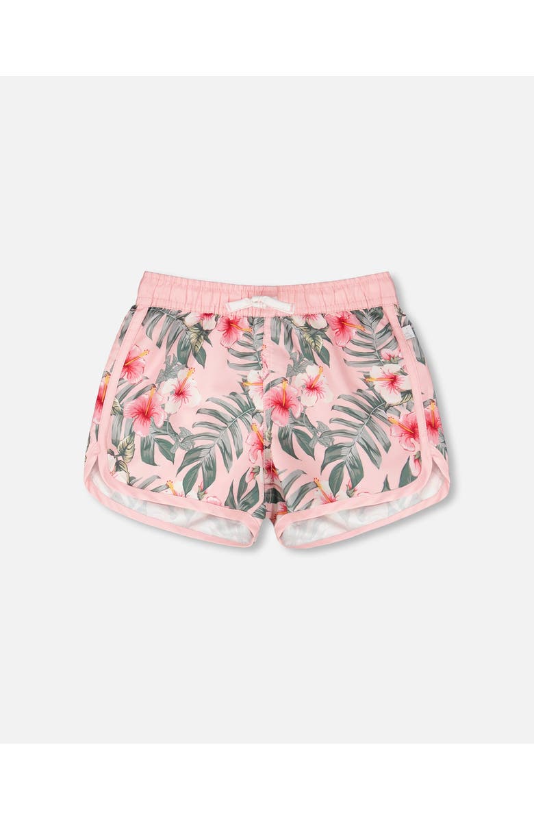 Deux par Deux Elastic Waist Drawstring Hibiscus Swim Shorts, Main, color, Pink Hibiscus Print
